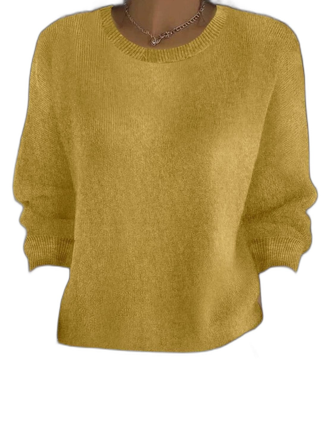 Effortless Mustard Knit Sweater for Women with Crew Neck Long Sleeve Casual Style