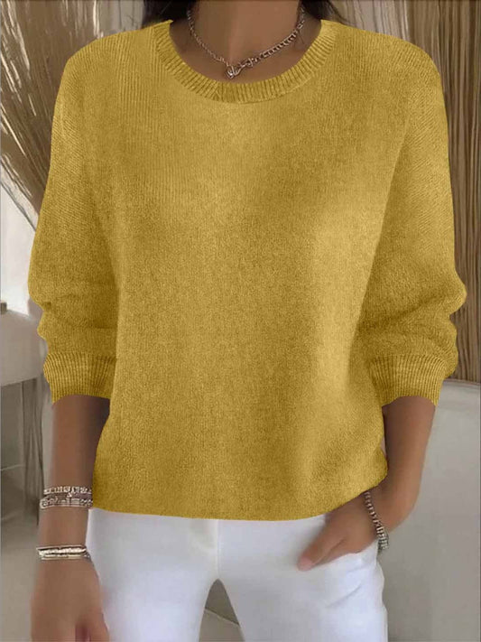 Effortless Mustard Knit Sweater for Women with Crew Neck Long Sleeve Casual Style