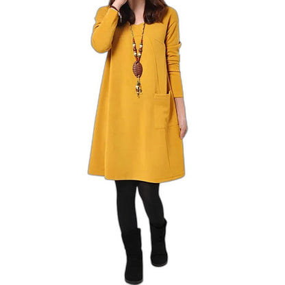 Effortless Mustard Midi Dress for Women with Crew Neck Long Sleeve A Line Pockets Casual Style