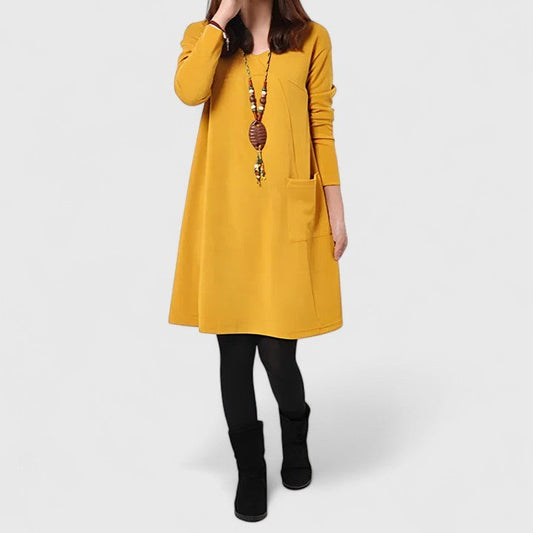 Effortless Mustard Midi Dress for Women with Crew Neck Long Sleeve A Line Pockets Casual Style