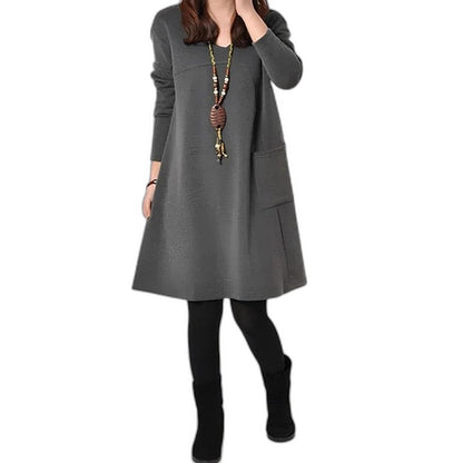 Effortless Mustard Midi Dress for Women with Crew Neck Long Sleeve A Line Pockets Casual Style