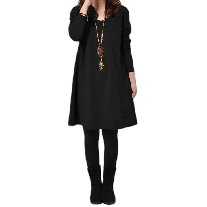 Effortless Mustard Midi Dress for Women with Crew Neck Long Sleeve A Line Pockets Casual Style