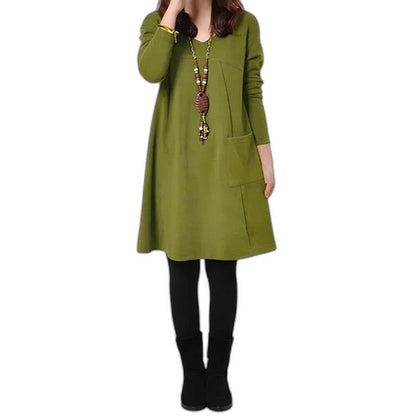 Effortless Mustard Midi Dress for Women with Crew Neck Long Sleeve A Line Pockets Casual Style