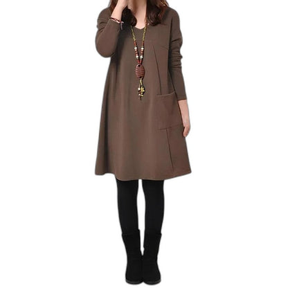 Effortless Mustard Midi Dress for Women with Crew Neck Long Sleeve A Line Pockets Casual Style