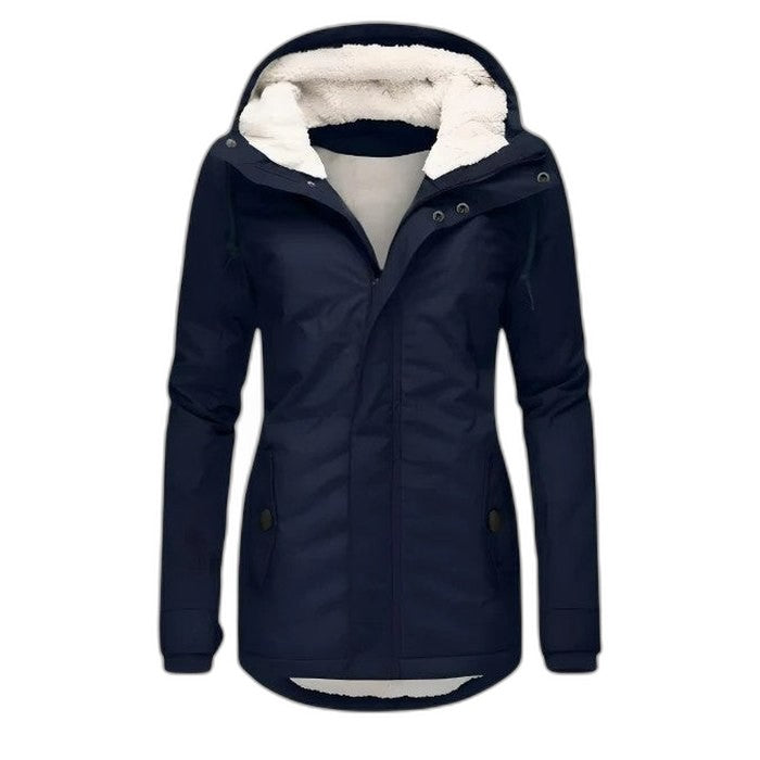Effortless Navy Jacket for Women with High Neck Long Sleeve Fur Lined Casual Style