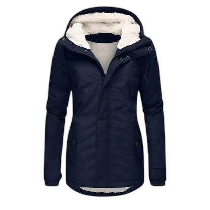 Effortless Navy Jacket for Women with High Neck Long Sleeve Fur Lined Casual Style