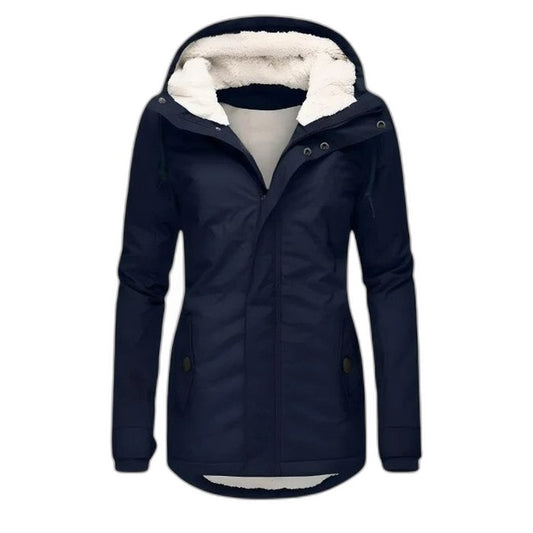 Effortless Navy Jacket for Women with High Neck Long Sleeve Fur Lined Casual Style