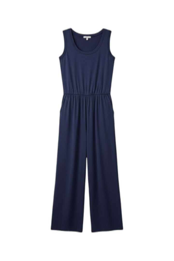 Effortless Navy Jumpsuit for Women with Crew Neck Sleeveless Wide Leg Casual Style