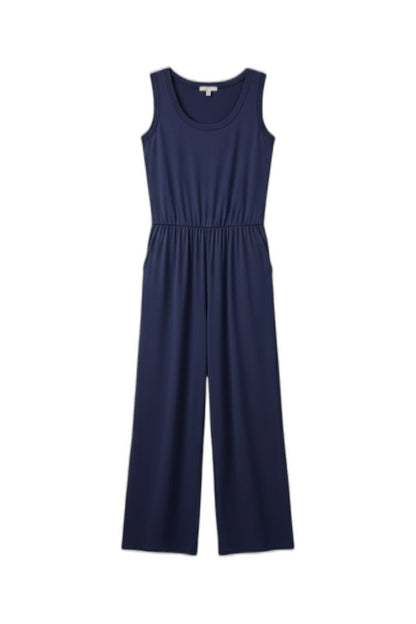 Effortless Navy Jumpsuit for Women with Crew Neck Sleeveless Wide Leg Casual Style