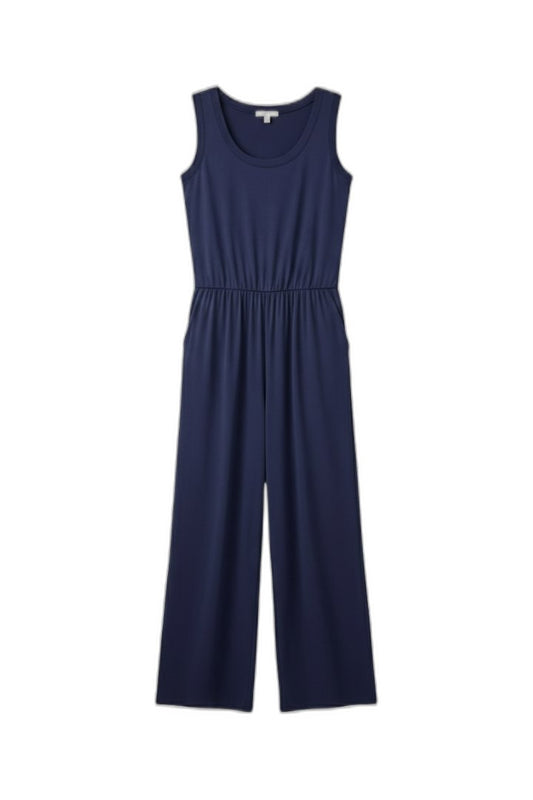 Effortless Navy Jumpsuit for Women with Crew Neck Sleeveless Wide Leg Casual Style
