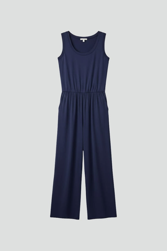 Effortless Navy Jumpsuit for Women with Crew Neck Sleeveless Wide Leg Casual Style