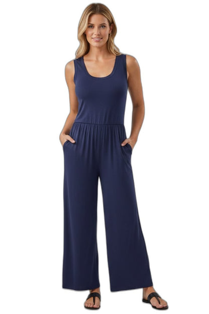 Effortless Navy Jumpsuit for Women with Crew Neck Sleeveless Wide Leg Casual Style