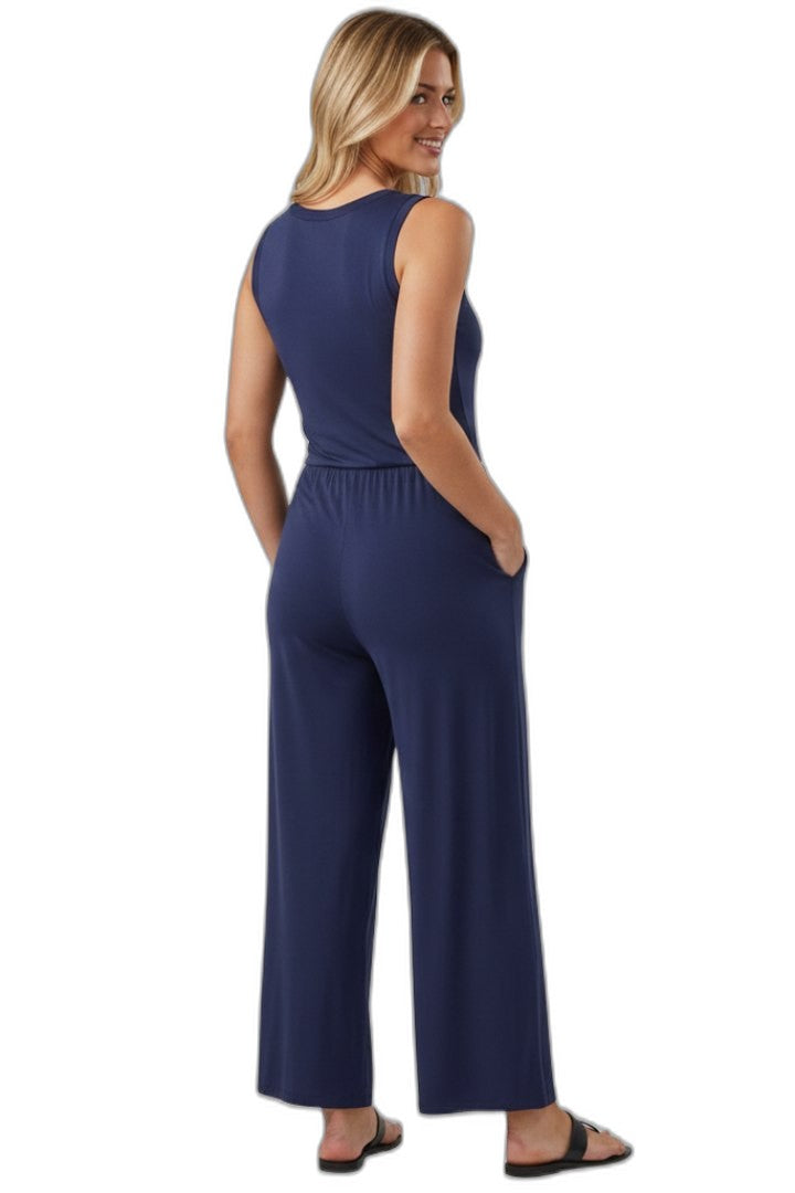 Effortless Navy Jumpsuit for Women with Crew Neck Sleeveless Wide Leg Casual Style