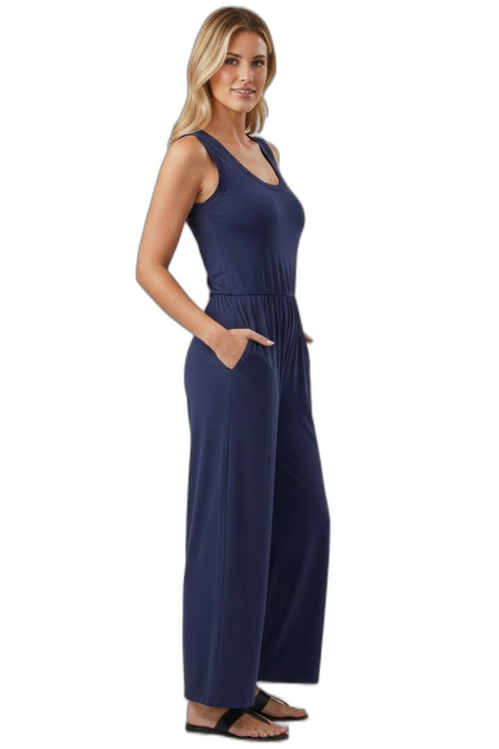 Effortless Navy Jumpsuit for Women with Crew Neck Sleeveless Wide Leg Casual Style