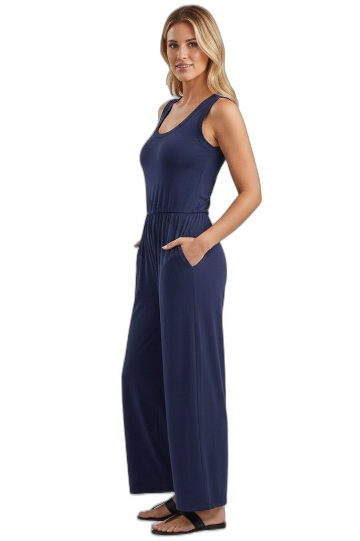 Effortless Navy Jumpsuit for Women with Crew Neck Sleeveless Wide Leg Casual Style
