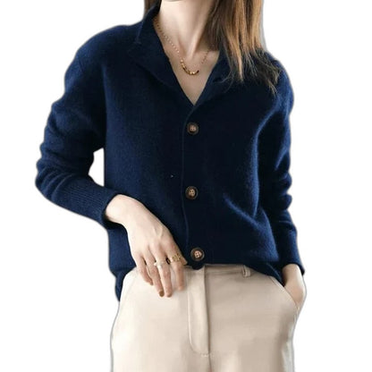 Effortless Navy Knit Cardigan Sweater for Women with V Neck Long Sleeve Button Front Casual Style