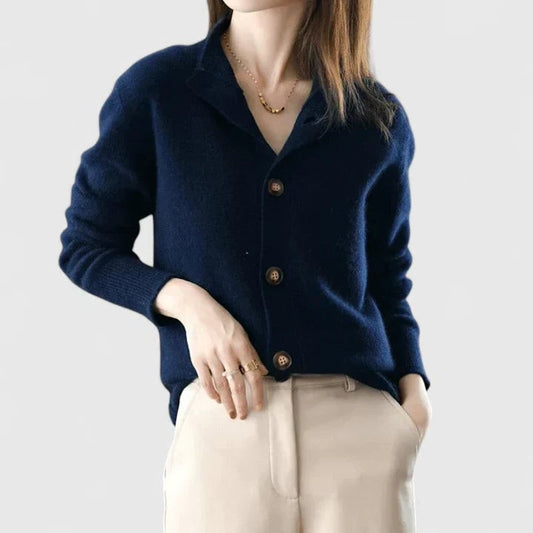 Effortless Navy Knit Cardigan Sweater for Women with V Neck Long Sleeve Button Front Casual Style