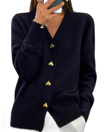 Effortless Navy Knit Cardigan Sweater for Women with V Neck Long Sleeve Button Front Casual Style