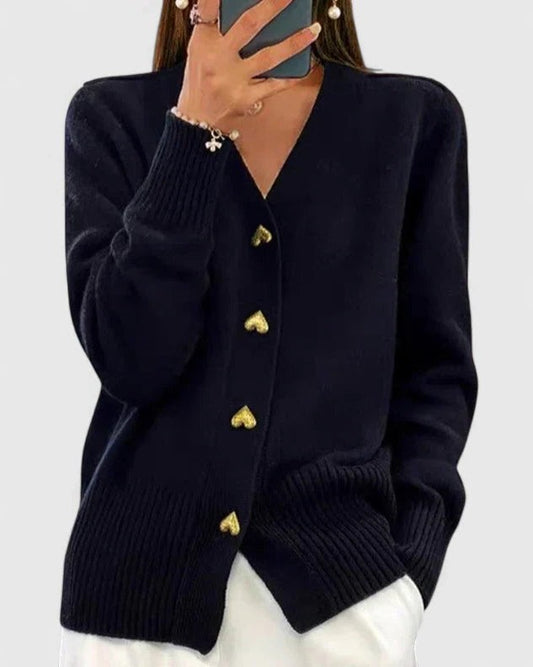 Effortless Navy Knit Cardigan Sweater for Women with V Neck Long Sleeve Button Front Casual Style