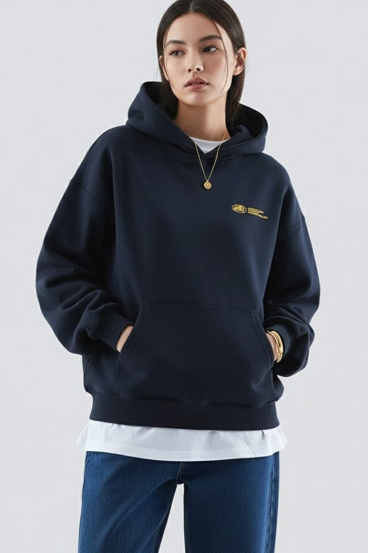 Effortless Navy Knit Hoodie for Women with Long Sleeve Pockets Casual Style