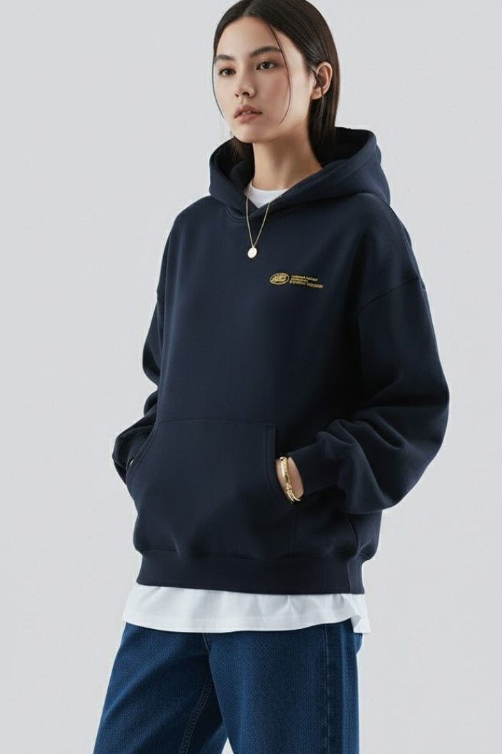 Effortless Navy Knit Hoodie for Women with Long Sleeve Pockets Casual Style