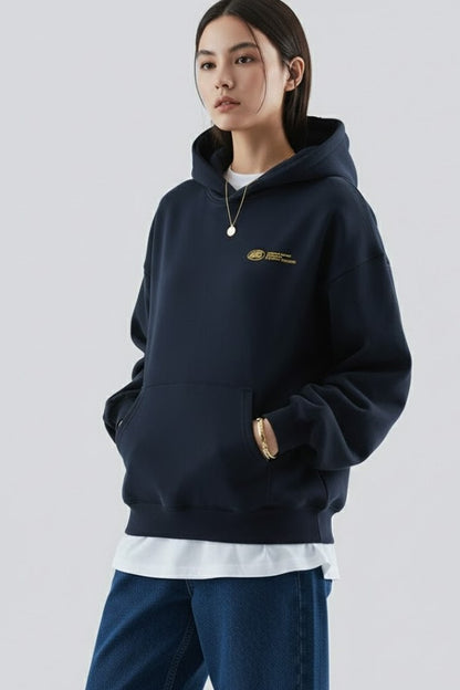 Effortless Navy Knit Hoodie for Women with Long Sleeve Pockets Casual Style