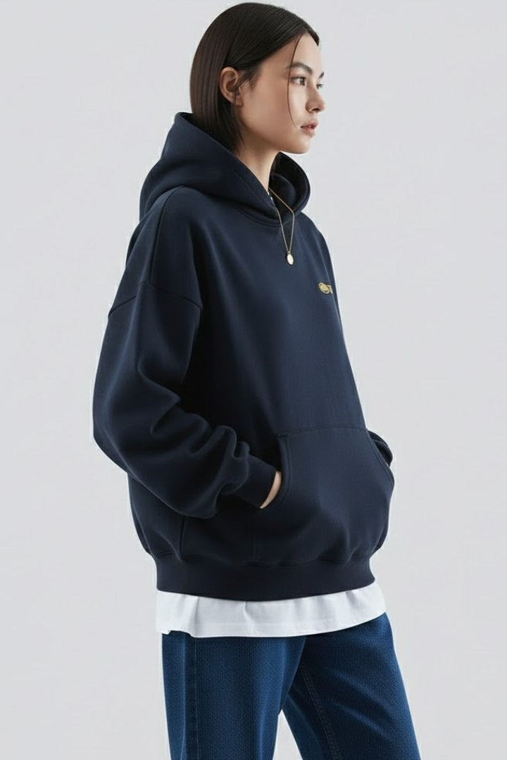 Effortless Navy Knit Hoodie for Women with Long Sleeve Pockets Casual Style