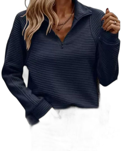 Effortless Navy Knit Sweater for Women with Collared Long Sleeve Casual Style