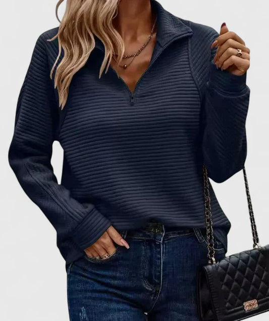 Effortless Navy Knit Sweater for Women with Collared Long Sleeve Casual Style