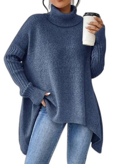 Effortless Navy Knit Sweater for Women with Turtleneck Long Sleeve Oversized Casual Style