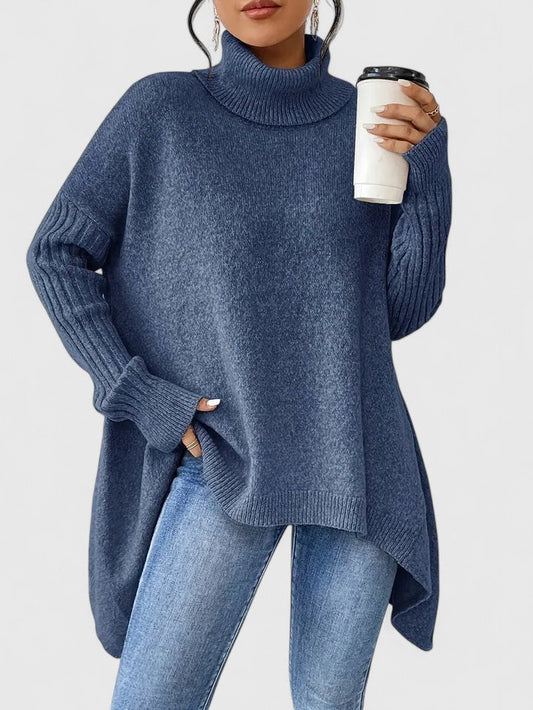 Effortless Navy Knit Sweater for Women with Turtleneck Long Sleeve Oversized Casual Style