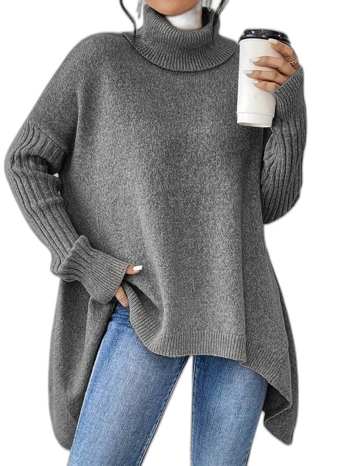 Effortless Navy Knit Sweater for Women with Turtleneck Long Sleeve Oversized Casual Style