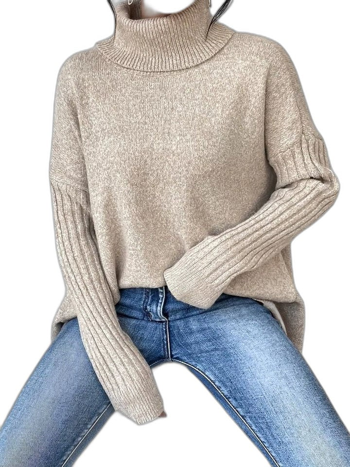 Effortless Navy Knit Sweater for Women with Turtleneck Long Sleeve Oversized Casual Style