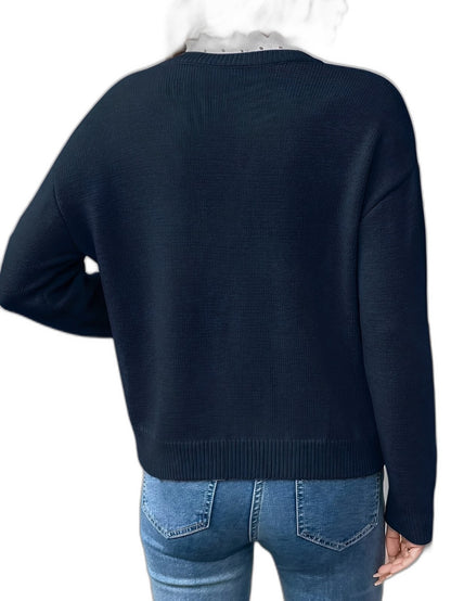 Effortless Navy Knit Sweater for Women with V Neck Long Sleeve Casual Style