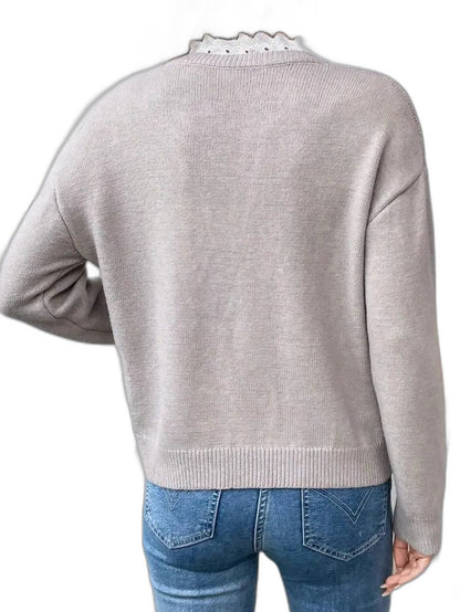 Effortless Navy Knit Sweater for Women with V Neck Long Sleeve Casual Style