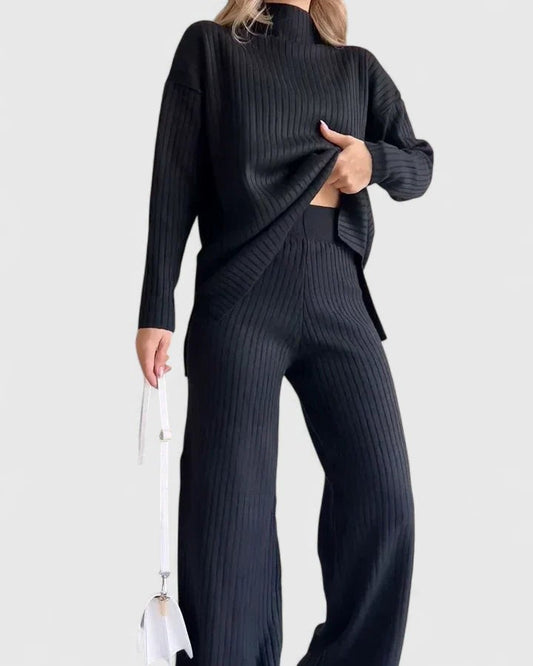 Effortless Navy Knit Two Piece Set for Women with Wide Leg Casual Style