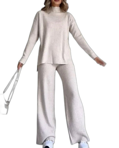 Effortless Navy Knit Two Piece Set for Women with Wide Leg Casual Style