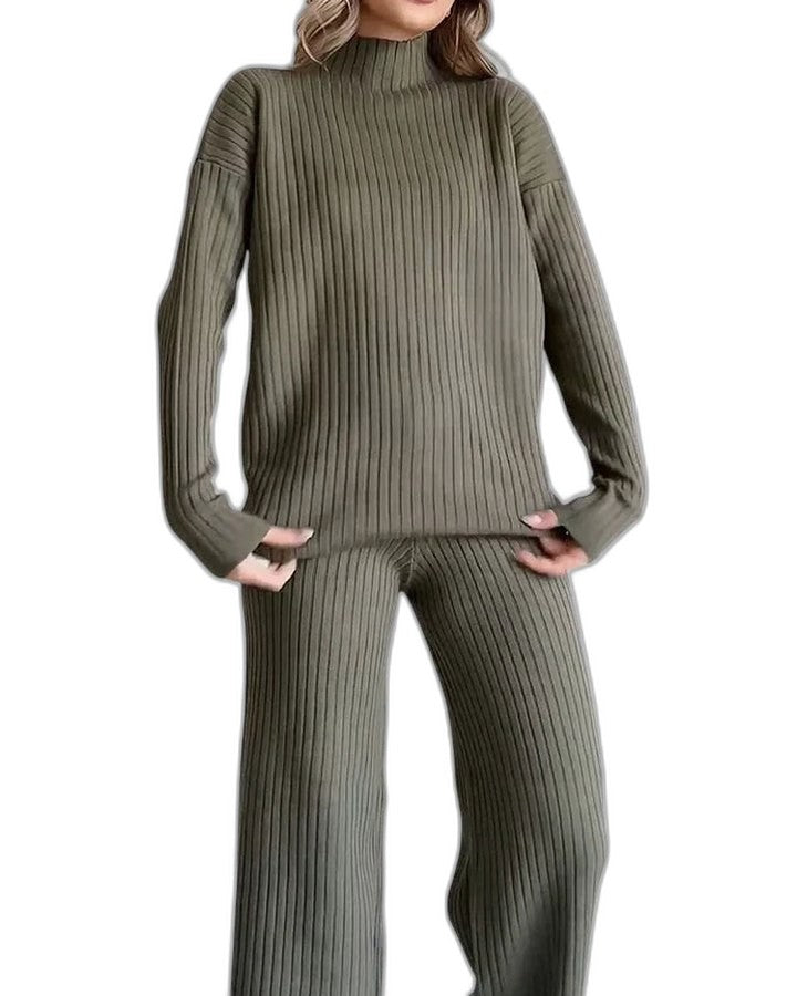 Effortless Navy Knit Two Piece Set for Women with Wide Leg Casual Style
