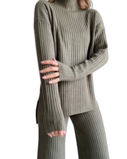 Effortless Navy Knit Two Piece Set for Women with Wide Leg Casual Style