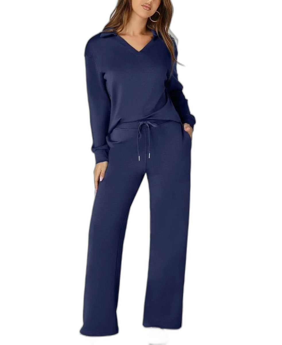 Effortless Navy Knit Two Piece Set for Women with Wide Leg Pockets Casual Style