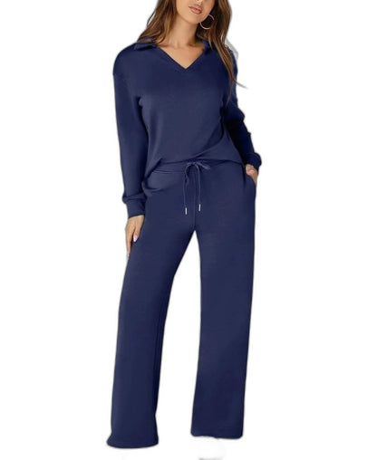 Effortless Navy Knit Two Piece Set for Women with Wide Leg Pockets Casual Style