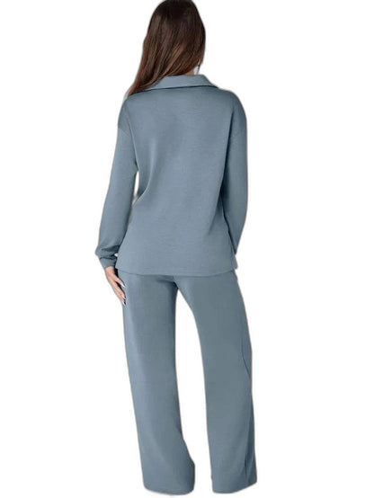 Effortless Navy Knit Two Piece Set for Women with Wide Leg Pockets Casual Style