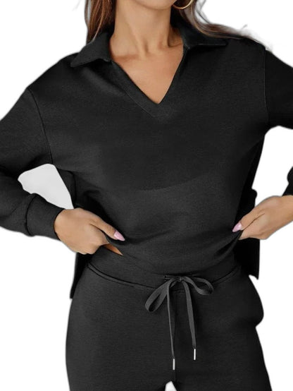 Effortless Navy Knit Two Piece Set for Women with Wide Leg Pockets Casual Style