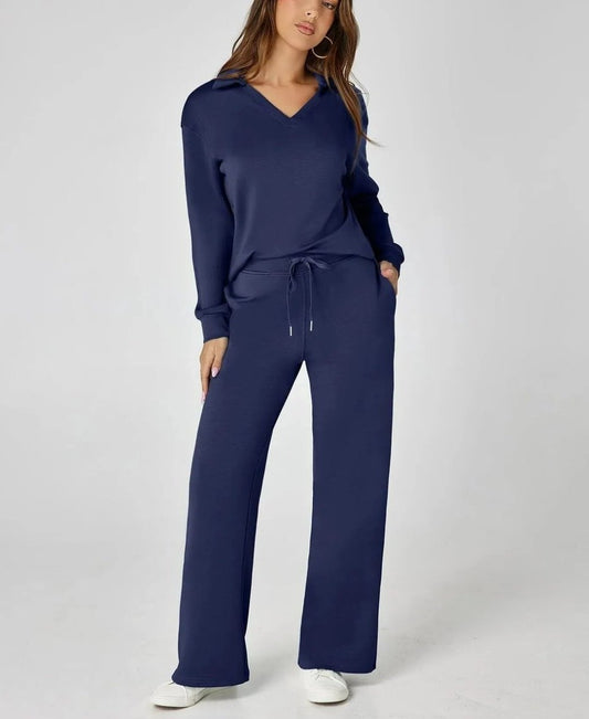 Effortless Navy Knit Two Piece Set for Women with Wide Leg Pockets Casual Style