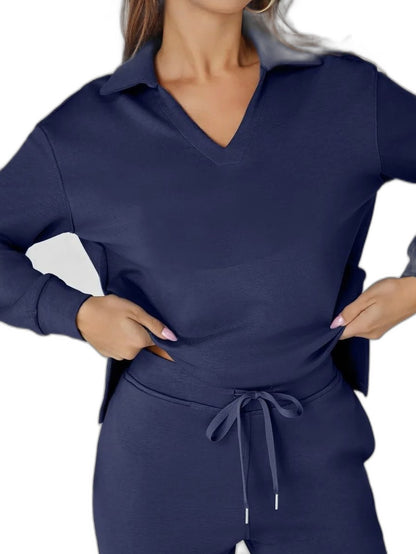 Effortless Navy Knit Two Piece Set for Women with Wide Leg Pockets Casual Style