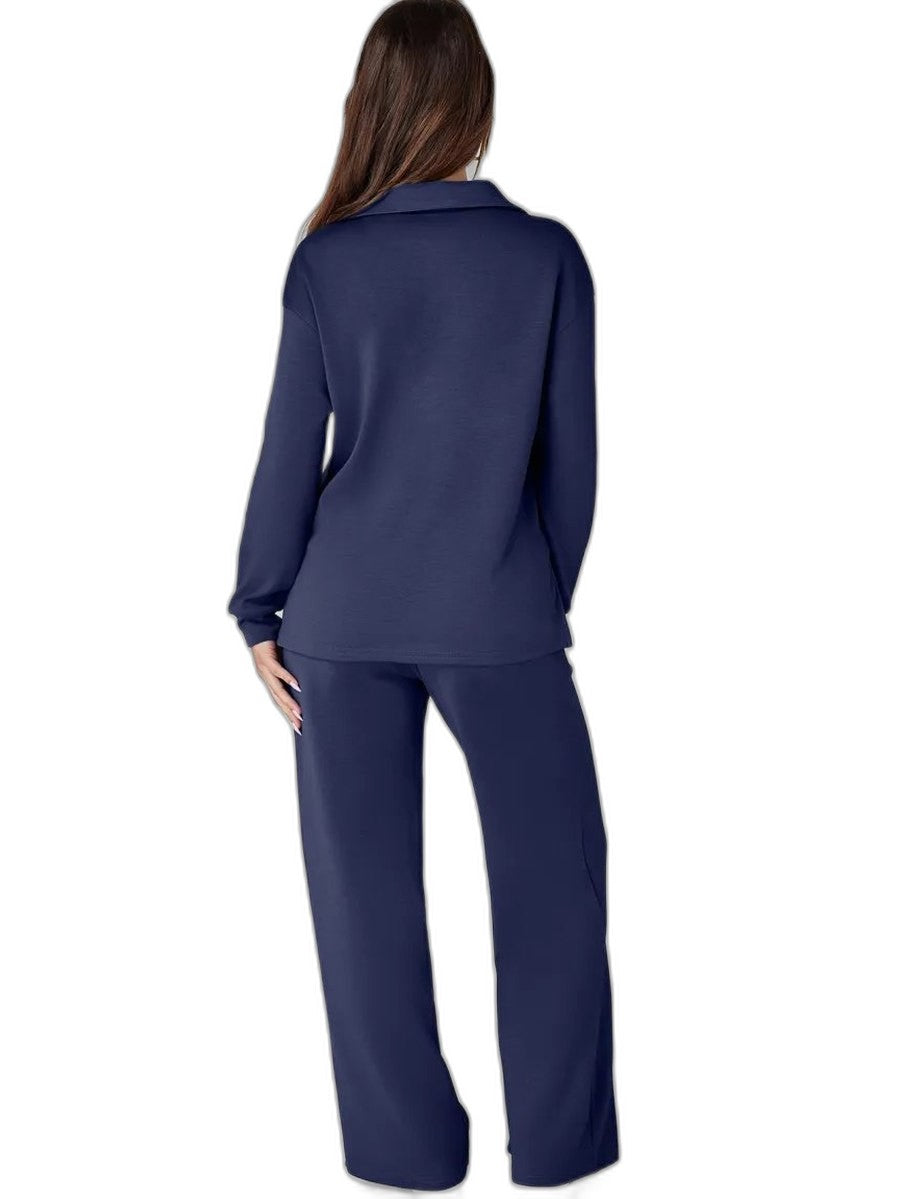 Effortless Navy Knit Two Piece Set for Women with Wide Leg Pockets Casual Style