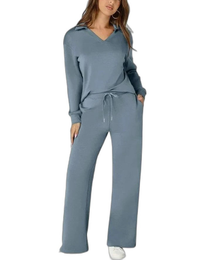 Effortless Navy Knit Two Piece Set for Women with Wide Leg Pockets Casual Style