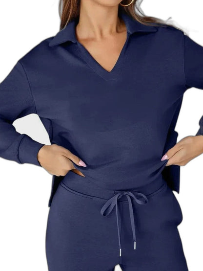 Effortless Navy Knit Two Piece Set for Women with Wide Leg Pockets Casual Style