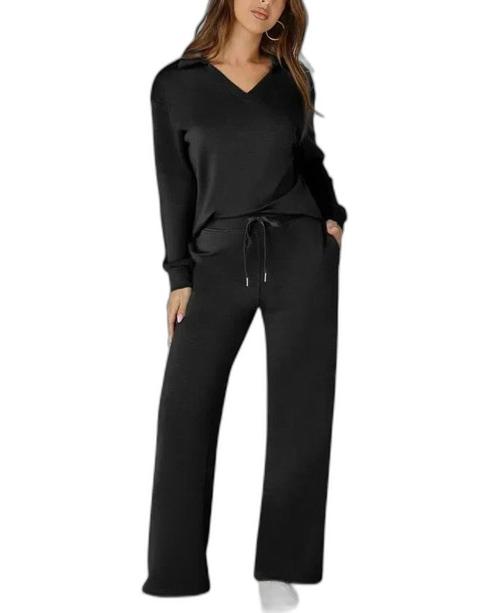 Effortless Navy Knit Two Piece Set for Women with Wide Leg Pockets Casual Style