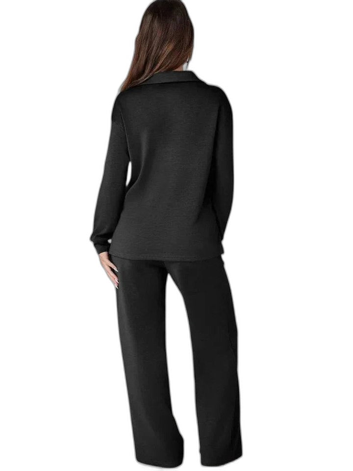 Effortless Navy Knit Two Piece Set for Women with Wide Leg Pockets Casual Style